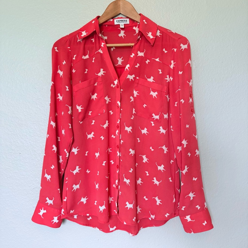 Express Portifino Long Sleeve Shirt with White Kittens and Bows Size Small